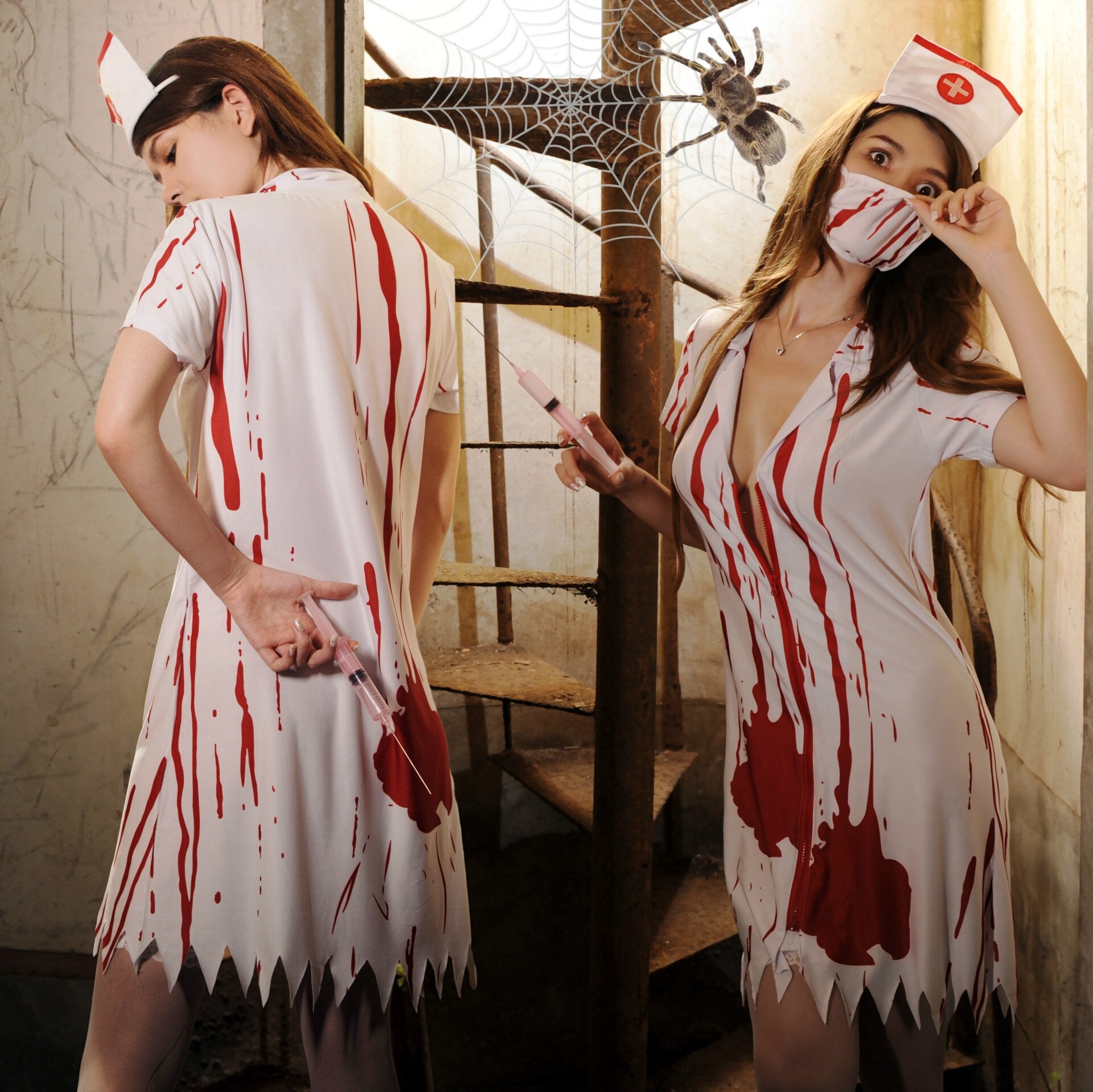 New Halloween Horror Zombie Nurse Cosplay Costume For Women Sexy Bloody Vampire Ghost Bride Carnival Party Irregular Mini Dress