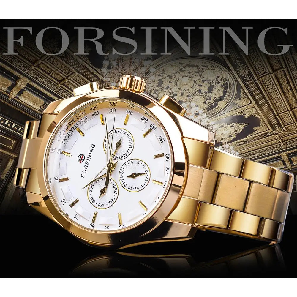 Forsining الذهبي الرجال ساعة ميكانيكية موضة 3 الهاتفي التقويم سوار فولاذي الأعمال شهم ساعات أوتوماتيكية ساعة Montre أوم