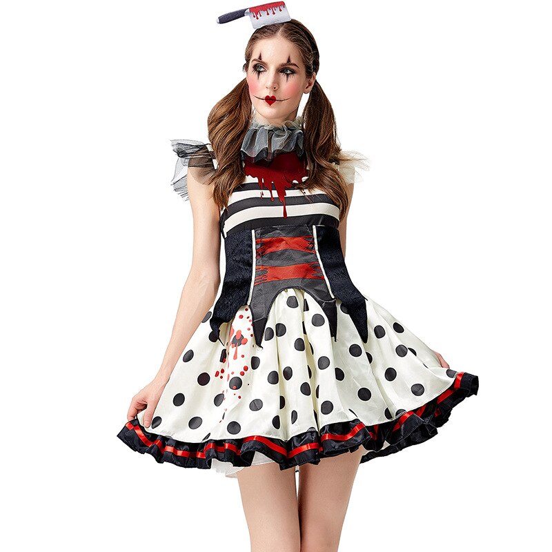 New Halloween Scary Bloody Circus Clown Cosplay For Women Sleeveless Dots Mini Dresses Zombie Girl Carnival Purim Party Costume