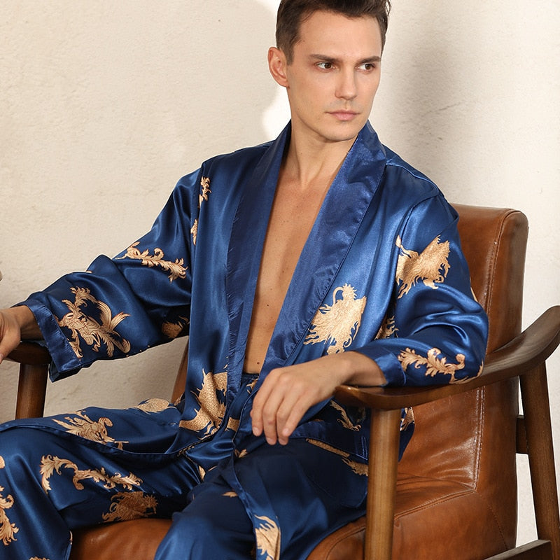 Male Satin Sleepwear Robe&Pants Dargon Pajamas Set Print Men Nightwear Kimono Bathrobe Gown Faux Silk Lounge Wear Home Clothes