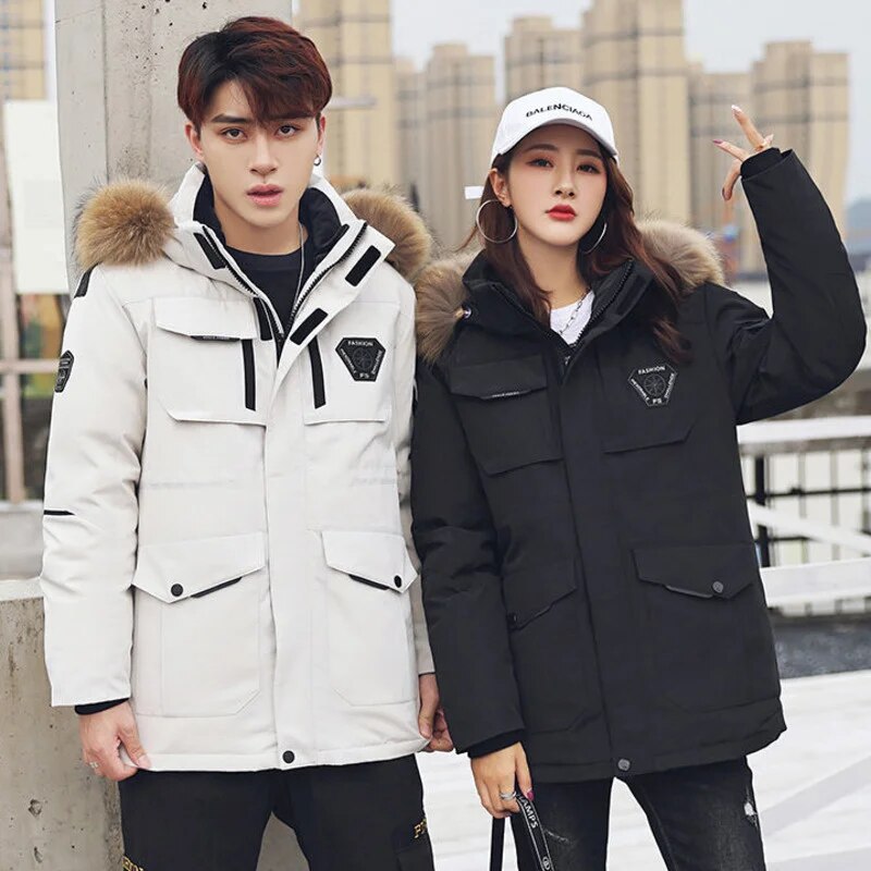 -30 Degree Snow Cold Winter White Duck Down Jacket Men Korean Fashion Couples Fur Hooded Windbreaker Thicken Warm Parka Coat