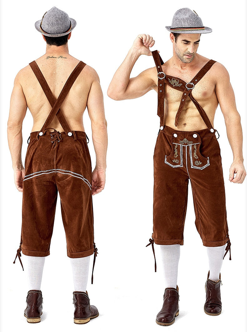 Adults German Bavarian Oktoberfest Costumes Men Traditional Outfit Plaid Shirt Embroidered Straps Shorts Halloween Carnival Set