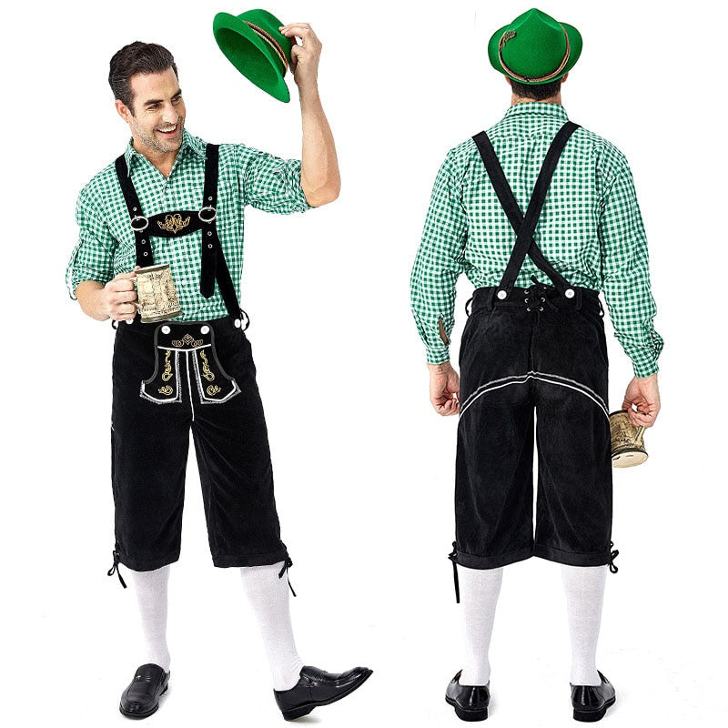 Adults German Bavarian Oktoberfest Costumes Men Traditional Outfit Plaid Shirt Embroidered Straps Shorts Halloween Carnival Set