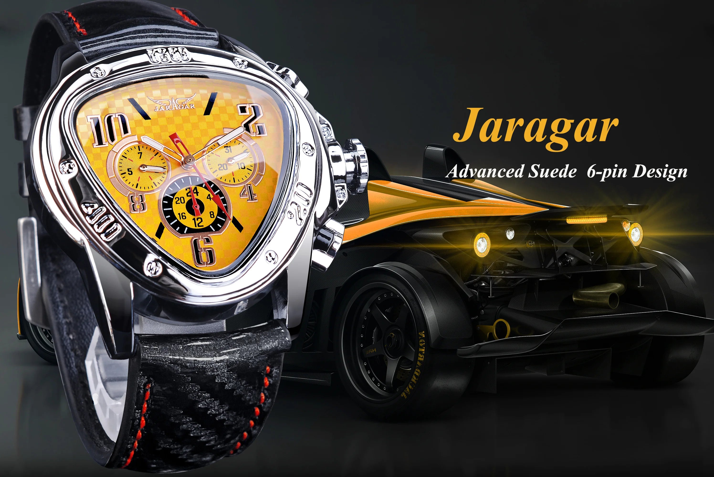 JARAGAR مثلث ساعة ميكانيكية رجالية حزام من الجلد ساعات غير منتظمة ساعة يد أوتوماتيكية 3 بطلب تصميم مع مؤشرات مضيئة