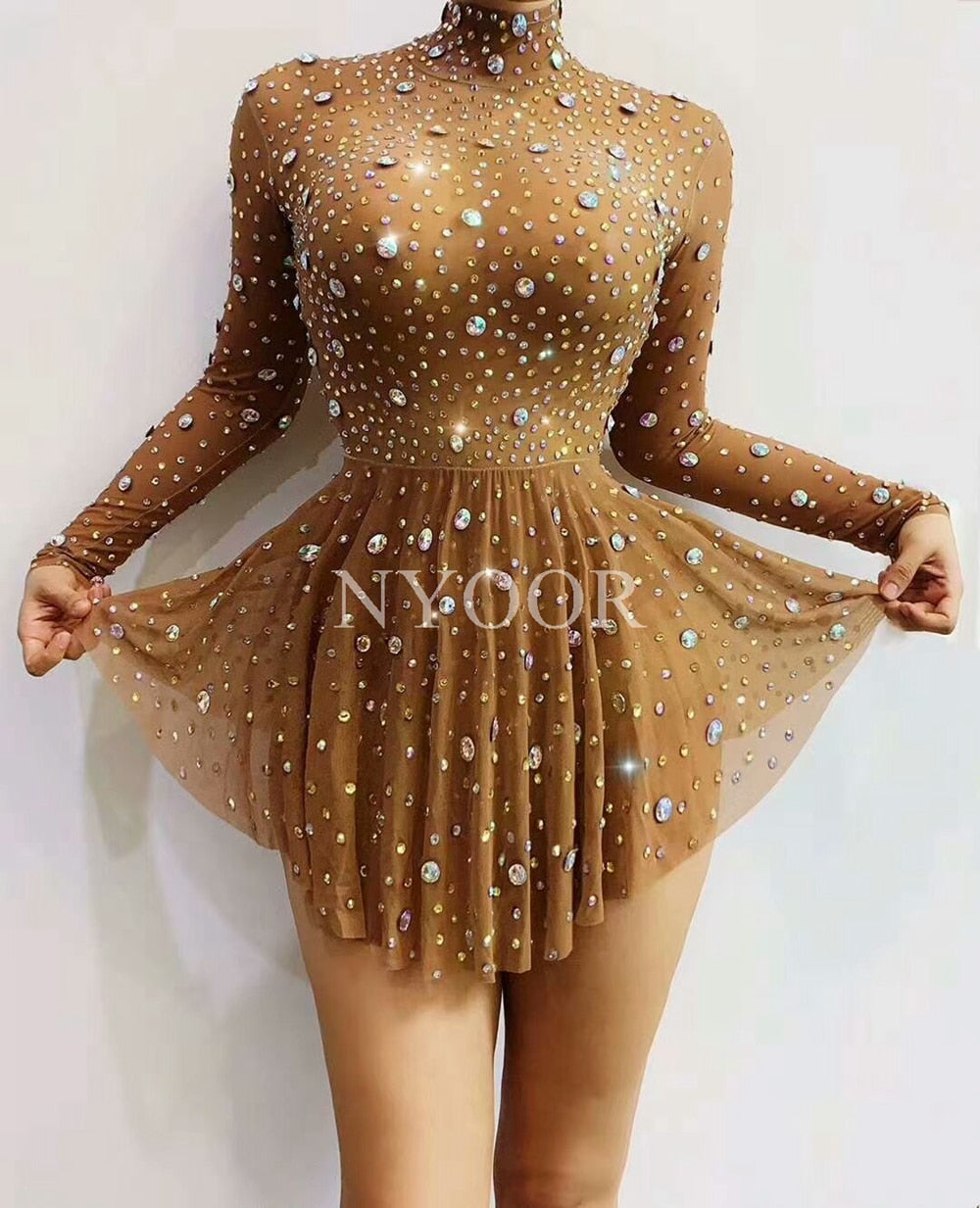 Sexy Transparent Rhinestones Long Sleeve Mini Dress Crystal Dance Costume Women Birthday Celebrate Party Outfit  Show Stage Wear