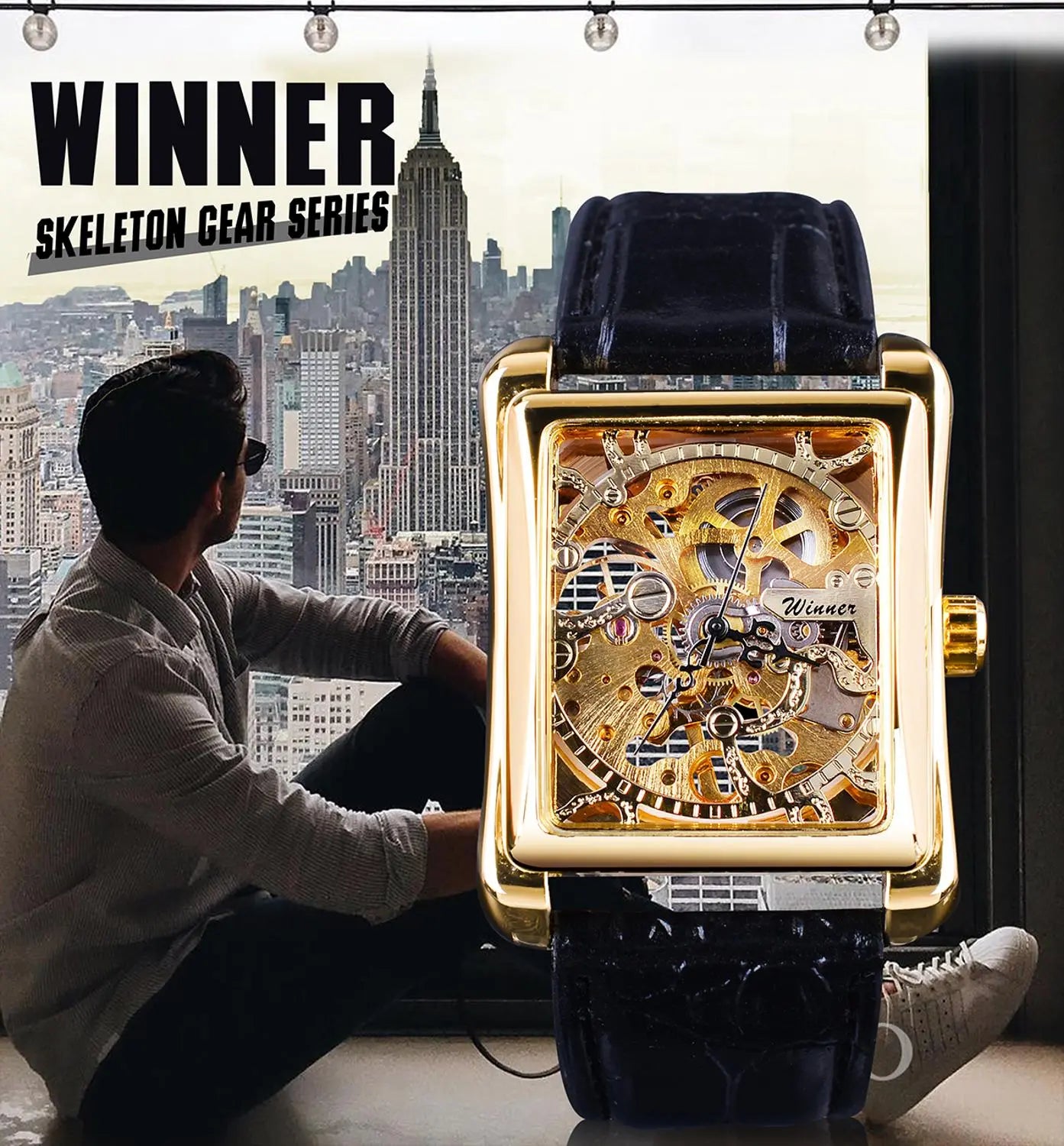 الفائز 2017 ريترو سلسلة عادية مستطيل الهاتفي تصميم الذهبي نمط الجوف الهيكل العظمي ساعة الرجال مشاهدة العلامة التجارية الفاخرة الميكانيكية
