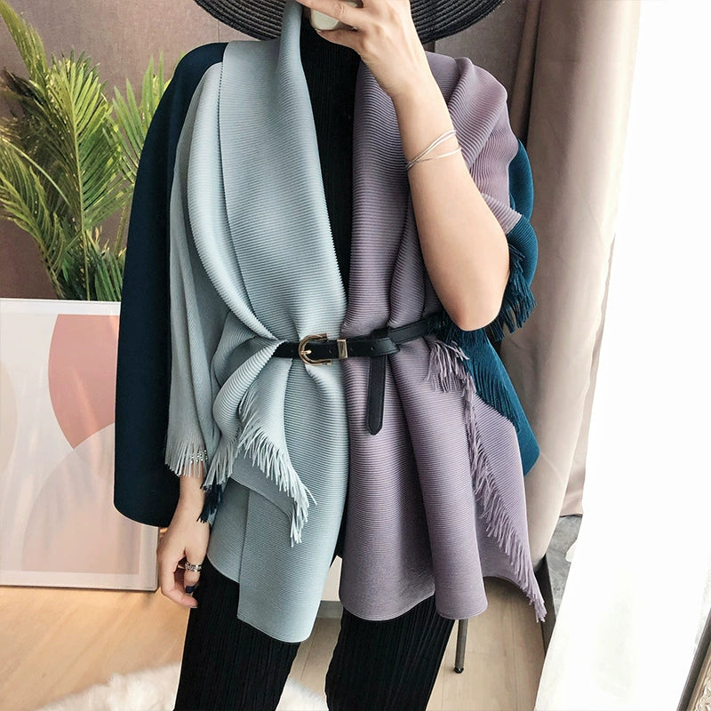 G140 Scarf Collar Fringe Contrast Color Pleated Baggy Coat