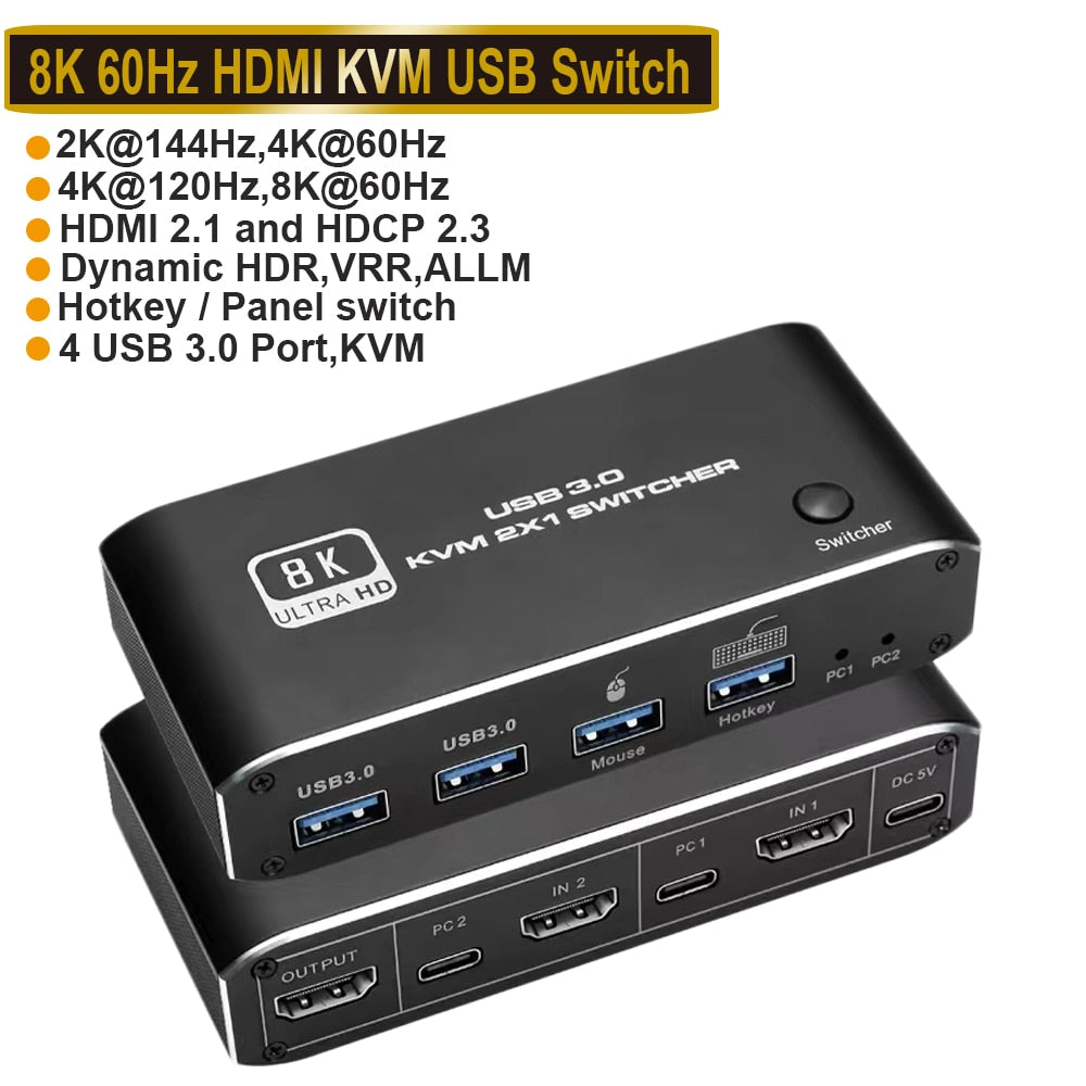 Navceker HDMI 2.1 KVM Switch 4K 120Hz HDMI USB 3.0 KVM Switch USB 8K 60Hz 1080@240Hz USB KVM Switcher HDMI with USB 3.0 port PC