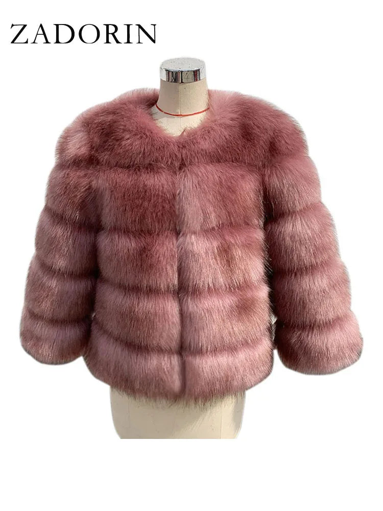 ZADORIN High Quality Faux Fox Fur Coat Women Luxury Fluffy Warm 3/4 Sleeve Fur Jacket for Women Winter Short Mink Coat Outerwear