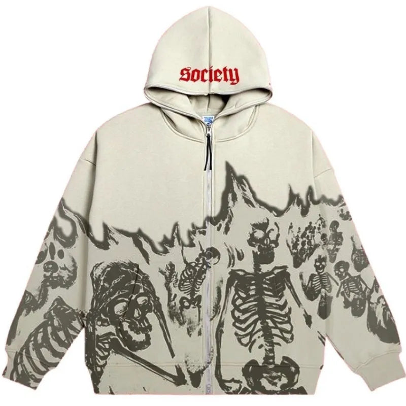 Men Anime Skull Hoodies Women Vintage Gothic Zip Up Long Sleeve Streetwear Loose Coats Harajuku Letter Print Hooded Sweatshirts