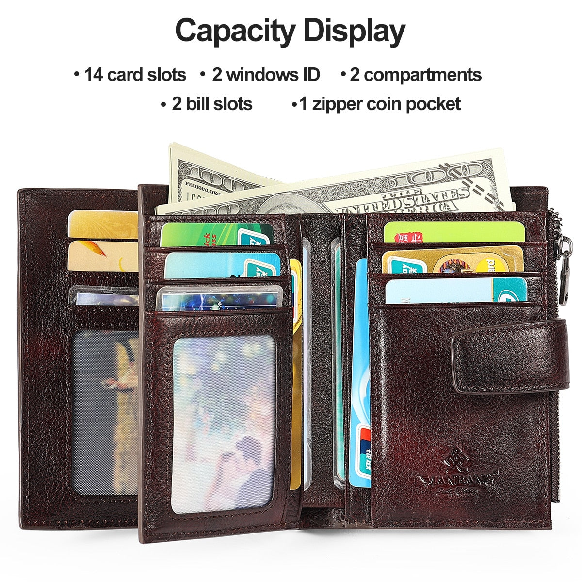 ManBang New Genuine Leather Men Wallets Fashion Trifold Wallet Zip Coin Pocket Purse Cowhide Leather man wallet High Quality