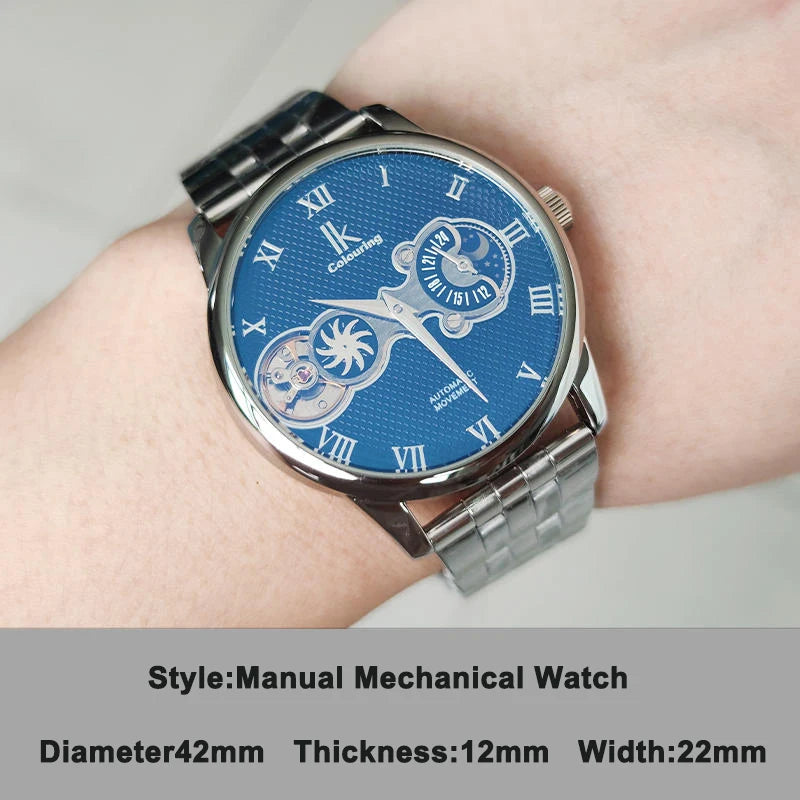 IK Colouring Mechanical Watches Man Luxury Hand Wind Skeleton Watch for Men Waterproof Stainless Steel Wristwatches