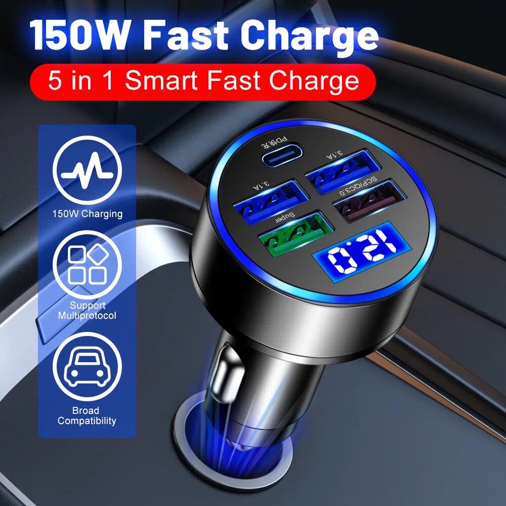 Fast Charging 150W 5 Ports Car Charger PD QC3.0 USB