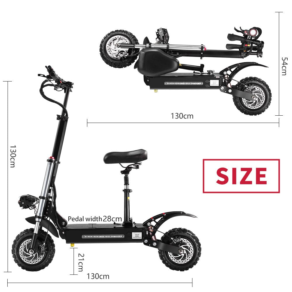Off Road Dual Motor Electric Scooter Adult with Seat 11&quot; Folding E-Scooter 55+MPH 5600W60V Long Range Waterproof