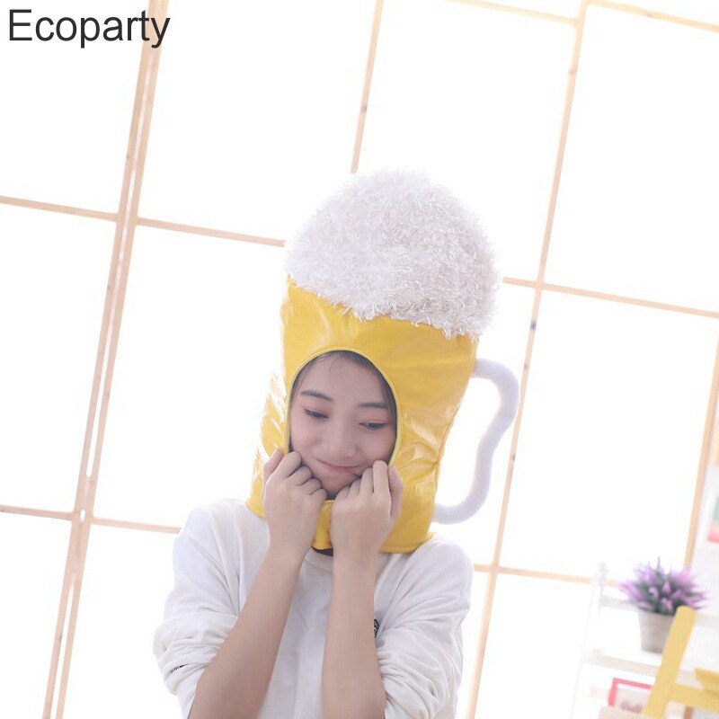 New Creative Japanese Funny Beer Cup Cosplay Headgear Yellow Cartoon Plush Toy Hat Halloween Carnival Costume Party Photo Props