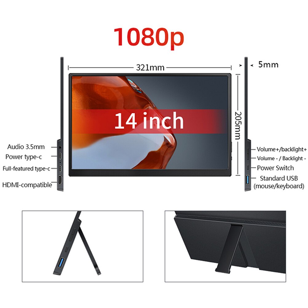 16 Inch Portable Monitor IPS FHD 1920*1080P Laptop Extended Screen USB C HDMI-Compatible PS4 PS5 Switch Computer Gaming Display