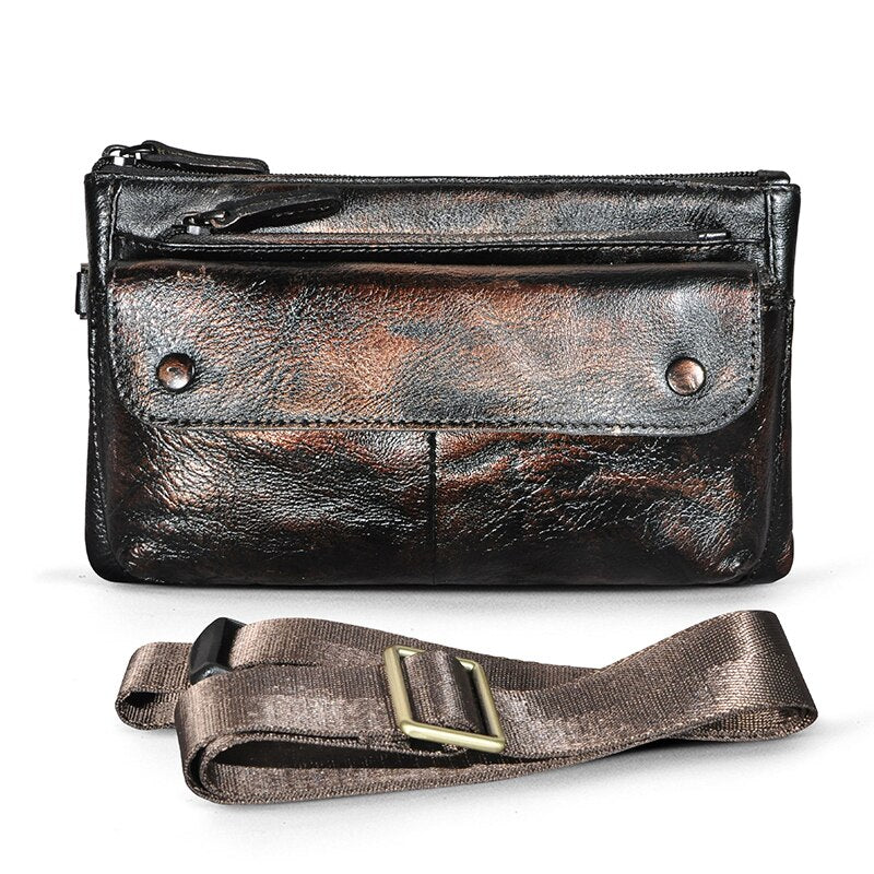 Cowhide Leather men Casual Fashion Travel Fanny Waist Belt Bag Chest Sling Bag Design Bum 7&quot; Phone Case Pouch Male 8136-G