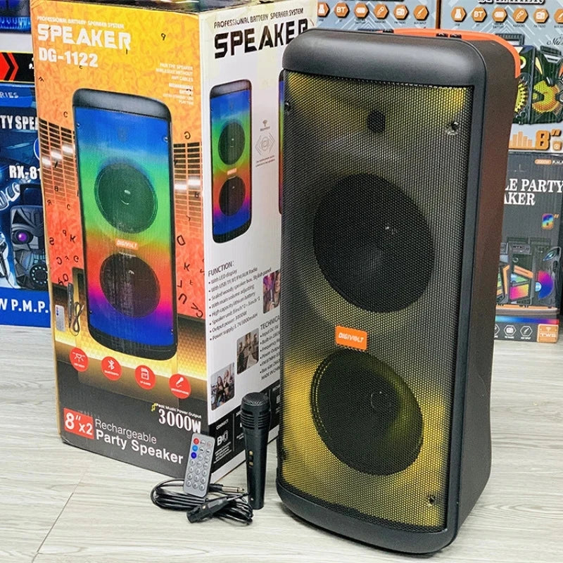 Large Size Subwoofer 3000W Peak Power Portable Dual 8inch Horn Wireless Karaoke Party Bluetooth Speaker Outdoor Led Light Column