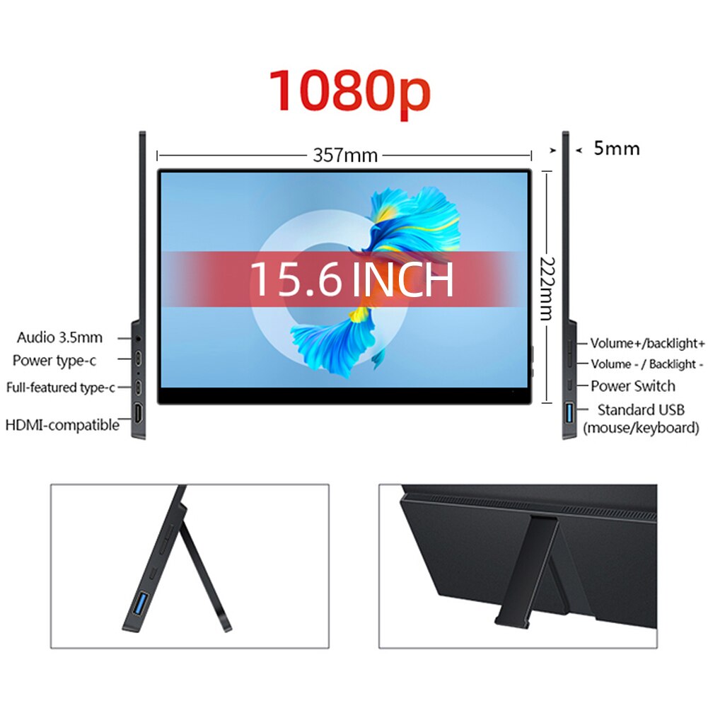 16 Inch Portable Monitor IPS FHD 1920*1080P Laptop Extended Screen USB C HDMI-Compatible PS4 PS5 Switch Computer Gaming Display