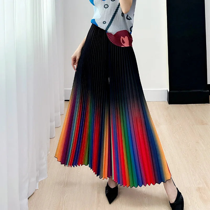 Women's Spring/Summer New Gradient Pleated Loose and Versatile Wide Leg Flare Pants Fashion Autumn Street Style Rainbow Pants