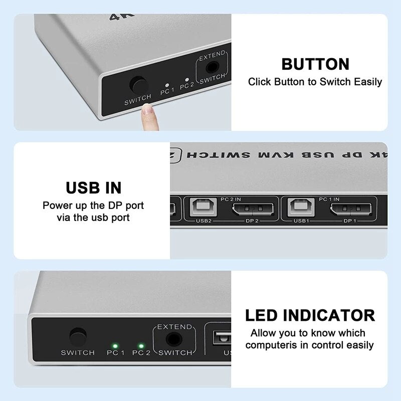 8K Dual-port DP USB KVM 2x1 Displayport KVM Switch 2 in 1 out 4K 60Hz 2-Port DP 1.4 USB KVM Switch Support Mouse Keyboad Printer
