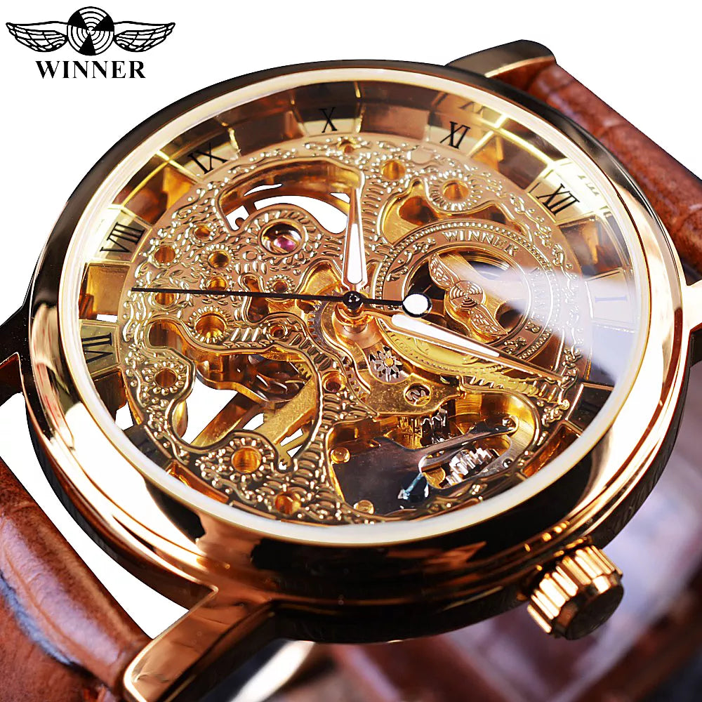 ساعة وينر شفافة أنيقة بتصميم كاجوال فاخر بسوار جلدي للرجال من أفضل العلامات التجارية الفاخرة بهيكل عظمي ميكانيكي