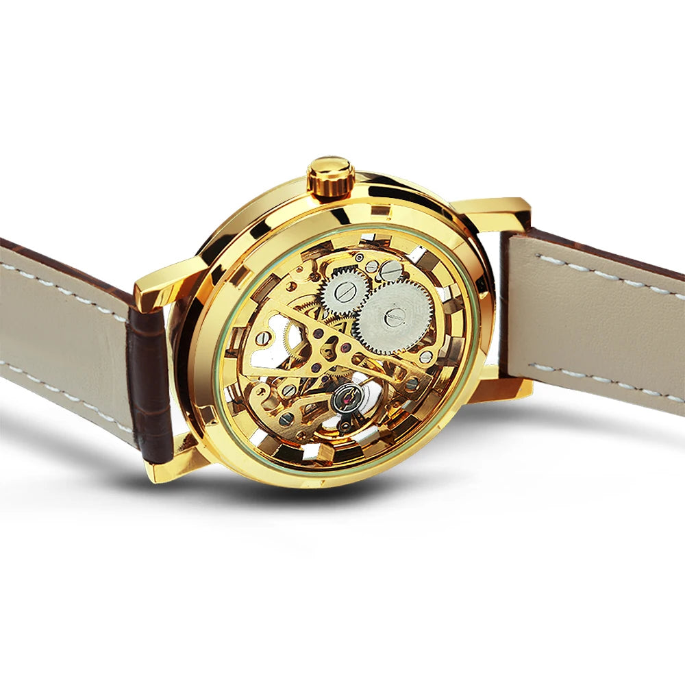 ساعات وينر ميكانيكية فاخرة شفافة ذات هيكل عظمي كاجوال بحزام جلدي ساعة ذهبية للرجال بأيد مضيئة وساعات يد ريترو