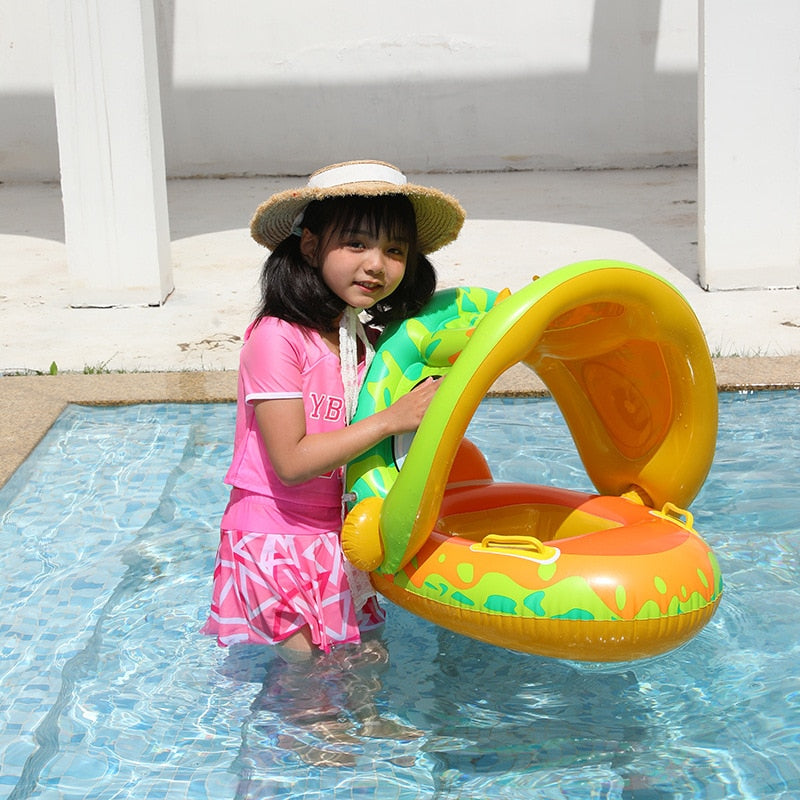 آمنة الطفل حلقة قابلة للنفخ عوامة للرضيع الأطفال السباحة دائرة بركة الملحقات عجلات قابلة للنفخ مع مقعد ظلة قابل للتعديل
