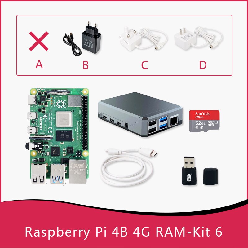 Raspberry Pi 4 Kit 5,6(Metal Case+Fan+32gb SD Card+Power+Micro Cable) PI 4B Board ARM 1GB 2GB 4GB 8GB Faster Than 3B+