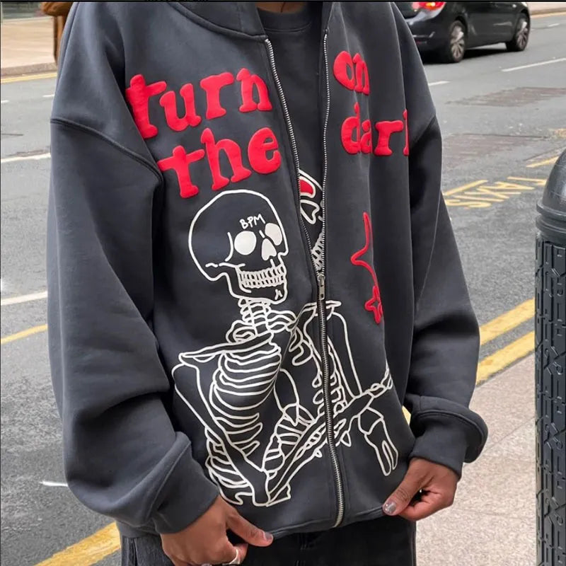 Men Anime Skull Hoodies Women Vintage Gothic Zip Up Long Sleeve Streetwear Loose Coats Harajuku Letter Print Hooded Sweatshirts