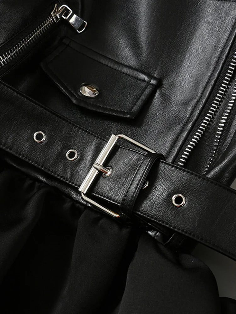 [EAM] Loose Black Leather Sashes Zippers Ruffkes Hem Jacket New Lapel Long Sleeve Women Coat Fashion Spring Autumn 2024 1DE6070