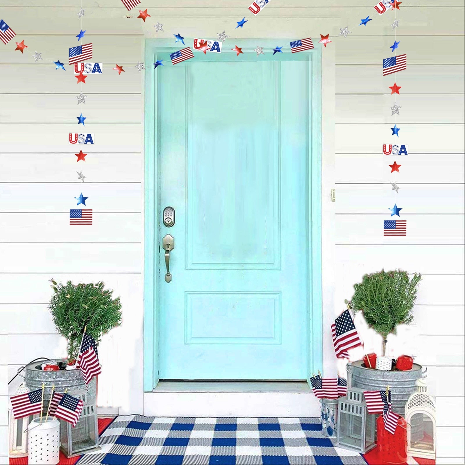 4th of July Red White Blue USA Themed Party Paper Star Streamers Patriotic Glitter Star Garland String Chain Hanging Decorations