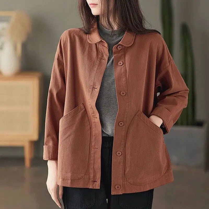 2023 Spring and Autumn Season Art Retro Simple Twill Cotton Solid Pocket Single Breasted Loose and Versatile Women's Shirt Coat