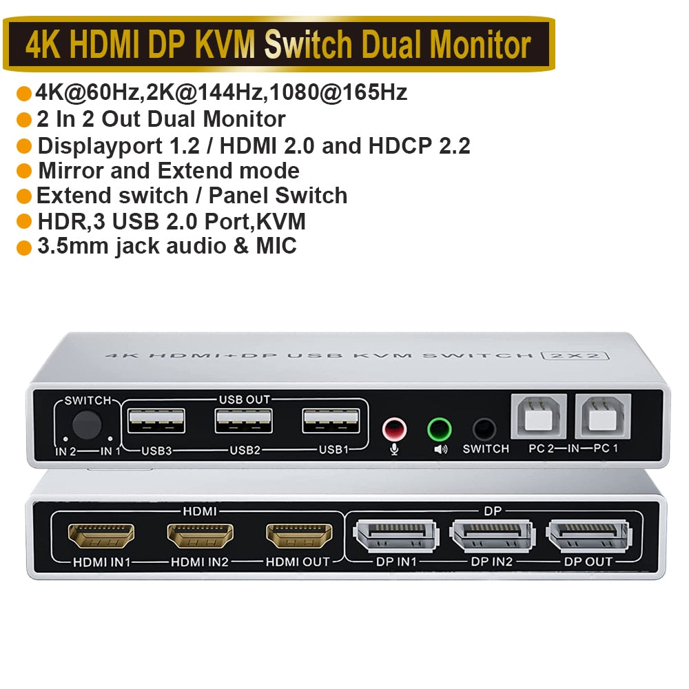 HDMI DisplayPort KVM Switch Dual Monitor 4K 60Hz 2x2 Mixed inputs DP HDMI KVM Switcher 2 Monitors 2 Computers for PC laptop Mac