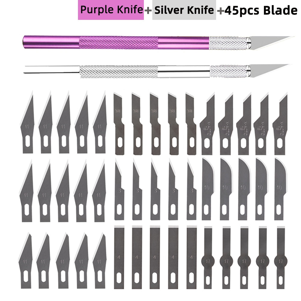 Non-Slip Metal Scalpel Knife Tools Kit Cutter Engraving Craft Knives +5/40/45pcs Blades Mobile Phone PCB DIY Repair Hand Tools