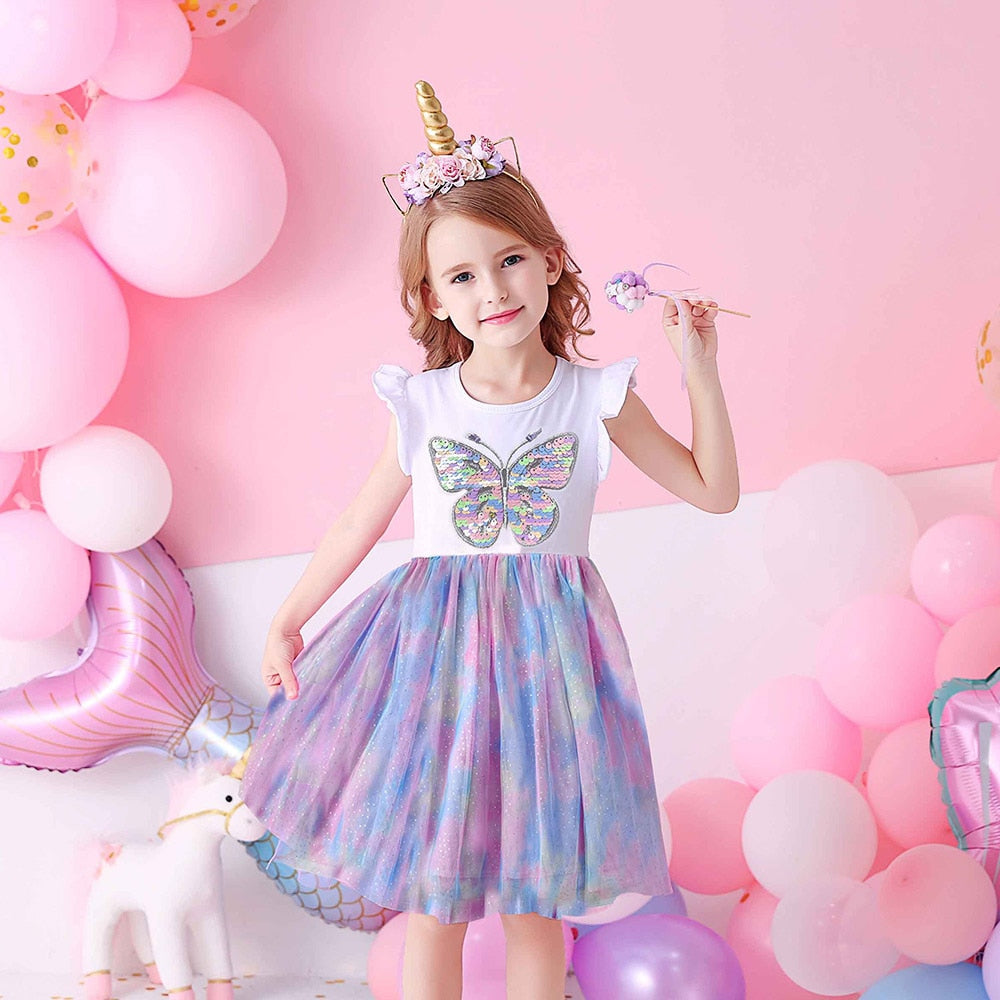 DXTON Girls Clothes for Summer Princess Dresses Kids Flare Sleeve Unicorn Print Dress Girls Party Dresses Children Clothing 3-8Y