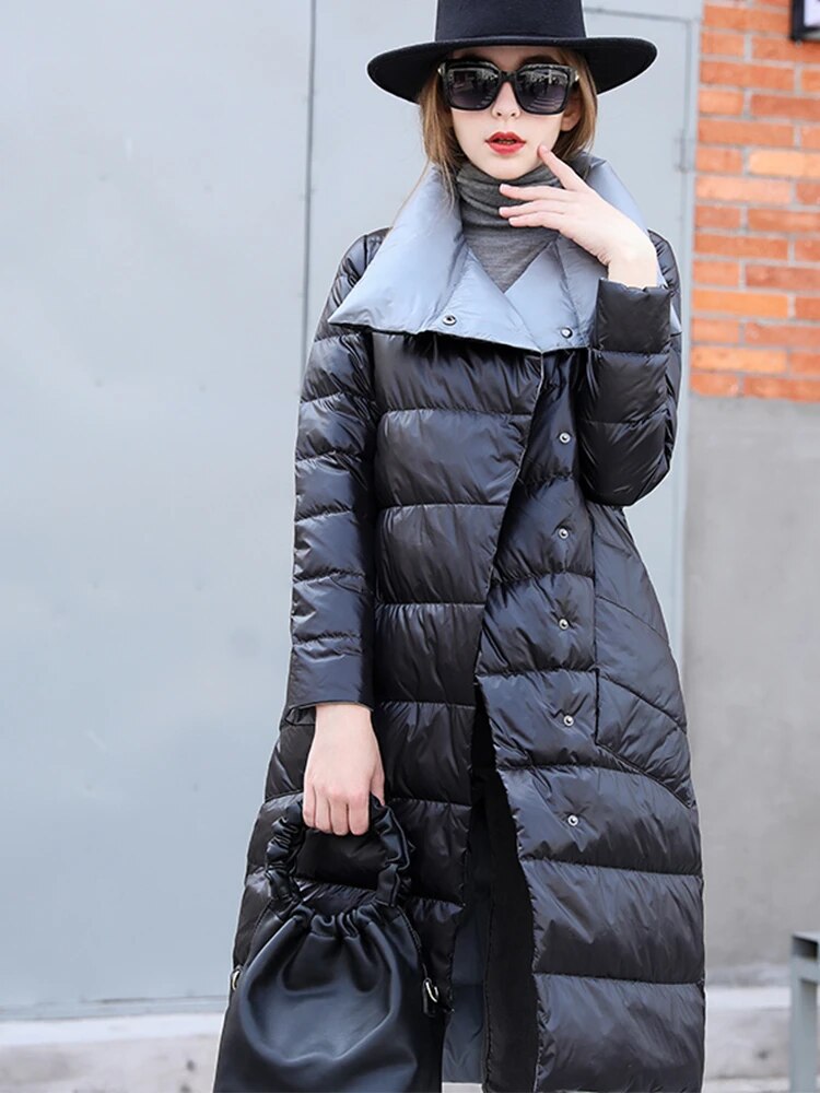 Fashion 2023 Winter Women 90% White Duck Down Jacket Long Thick Double Sided Coat Female Warm Double Breasted Parka Outwear