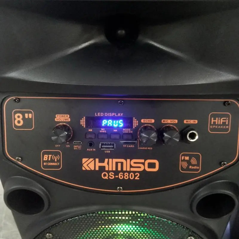 KIMISO QS-6802 مكبرات صوت محمولة خارجية 8 بوصة نظام مكبر صوت كاريوكي DJ مع ضوء LED مكبرات صوت بلوتوث لاسلكية 2000 وات ذروة