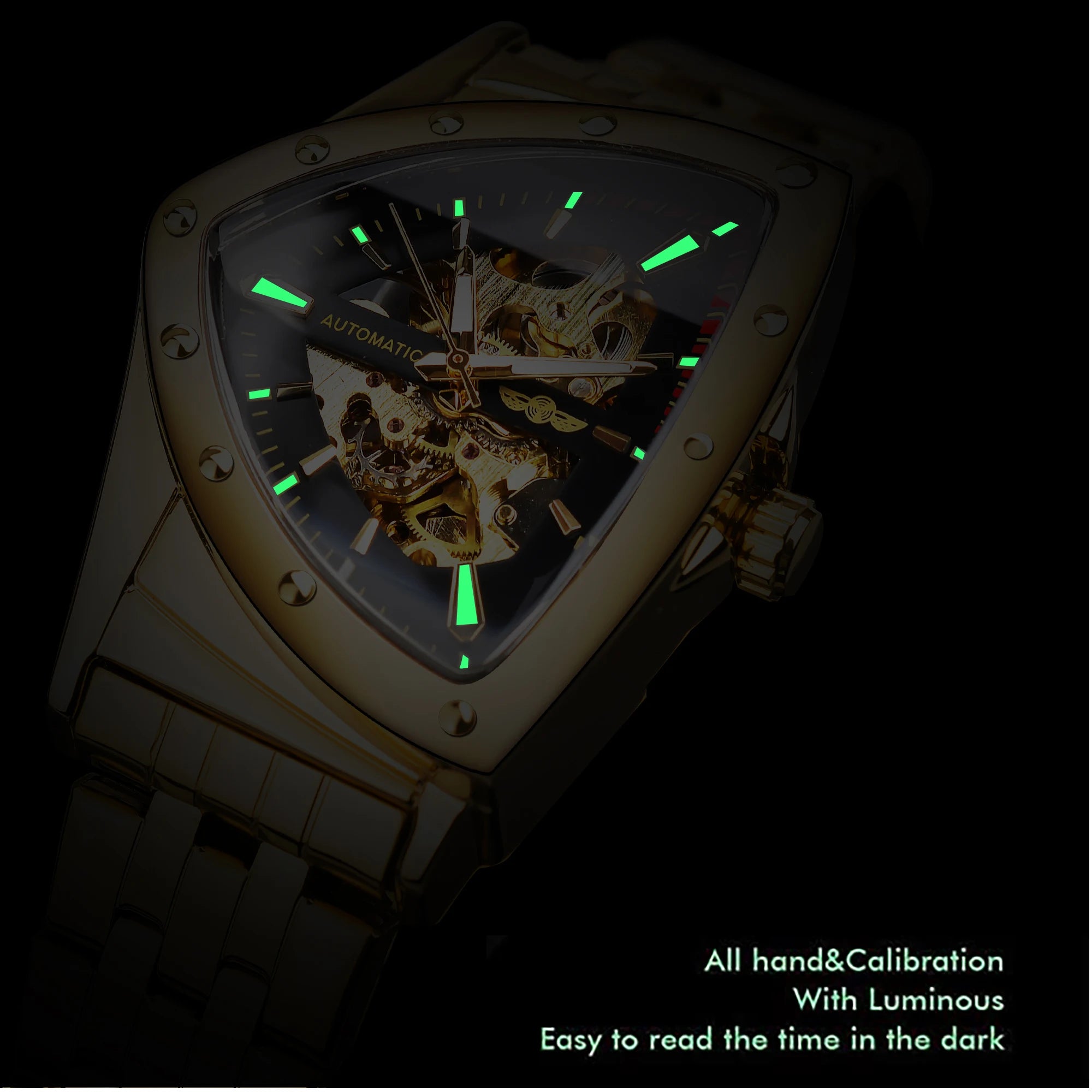 ساعة وينر الذهبية المصنوعة من الفولاذ المقاوم للصدأ Steampunk بتصميم سويسري للرجال على شكل مثلث وهيكل عظمي وساعات ميكانيكية أوتوماتيكية شفافة للرجال