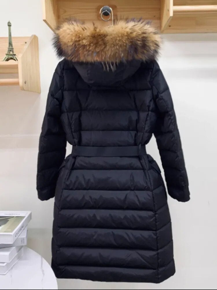 Parka Femme Mujer 2023 Winter Women Real Fur Collar Long Coat With Belt Hooded Thick White Duck Down Puffer Jacket ZN142