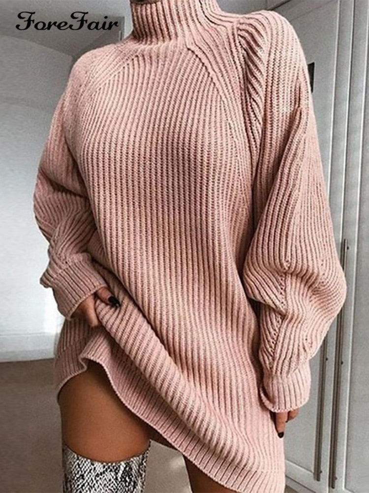 Forefair Turtleneck Long Sleeve Sweater Dress Women Autumn Winter Loose Tunic Knitted Casual Pink Gray Clothes Solid Dresses