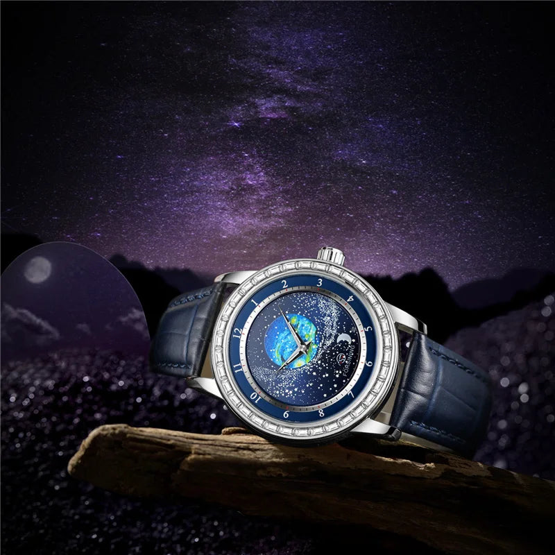 Forsining 432E ساعة ميكانيكية أوتوماتيكية أصلية جديدة للرجال فاخرة الماس التناوب السماء المرصعة بالنجوم القمر المرحلة ساعة اليد