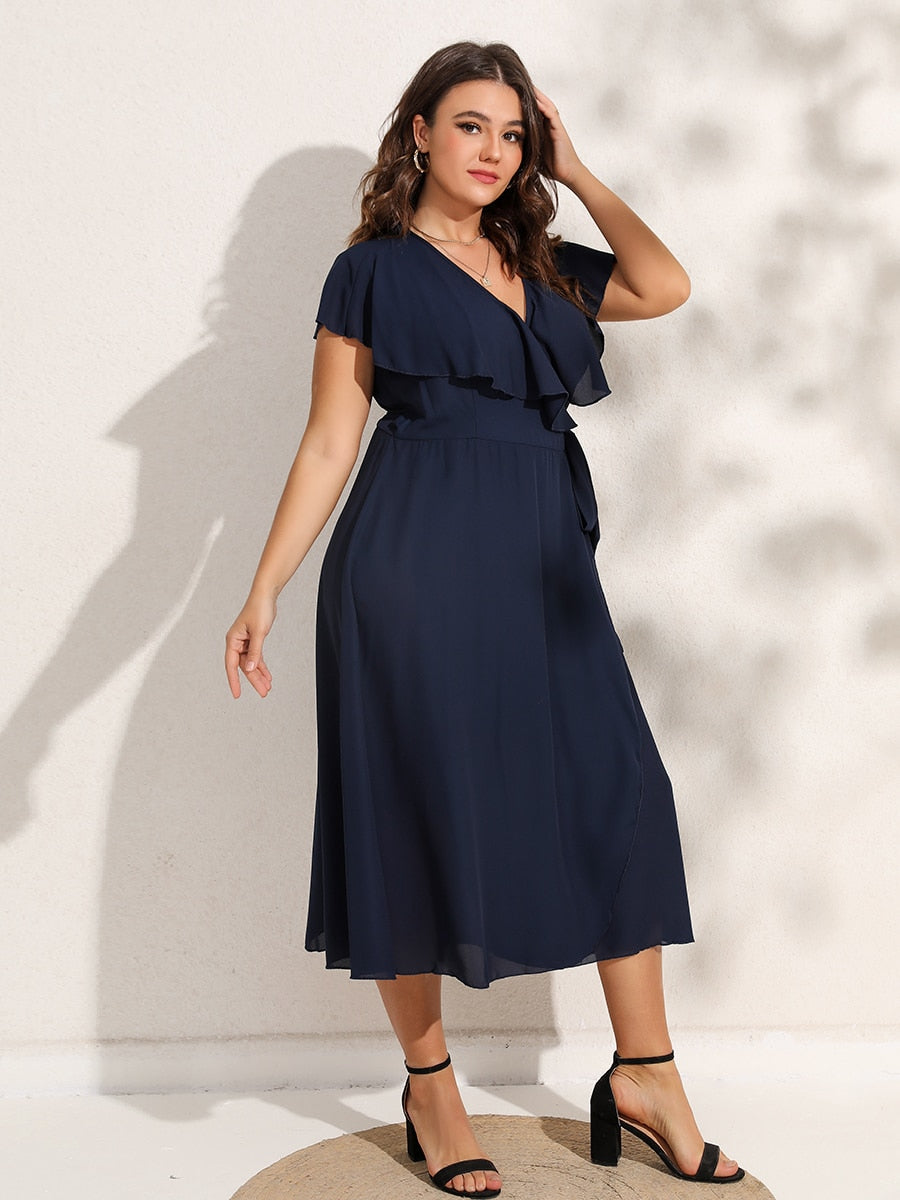 Finjani Belted Wrap Dress For Women 2022 Plus Size Summer Midi Dress V-Neck Solid Ruffle Sleeve Party Dresses