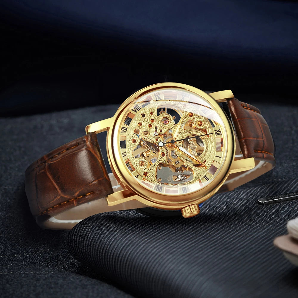 Winner Transparent Luxury Skeleton Mechanical Watches Casual Leather Strap Gold Watch for Men Luminous Hands Retro Wristwatches