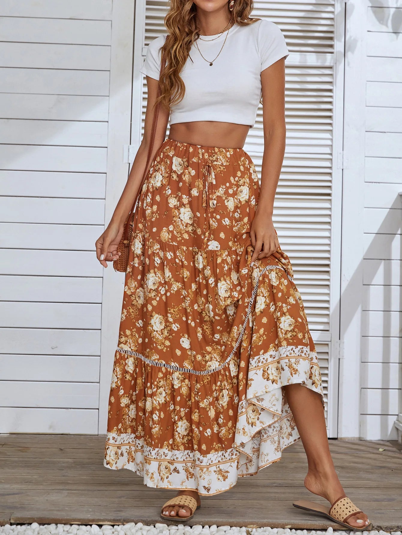 Jastie Boho Retro Floral Print Skirts Women 2023 Summer High Waist A-Line Pleated Long Skirts Casual Holiday Beach Skirt