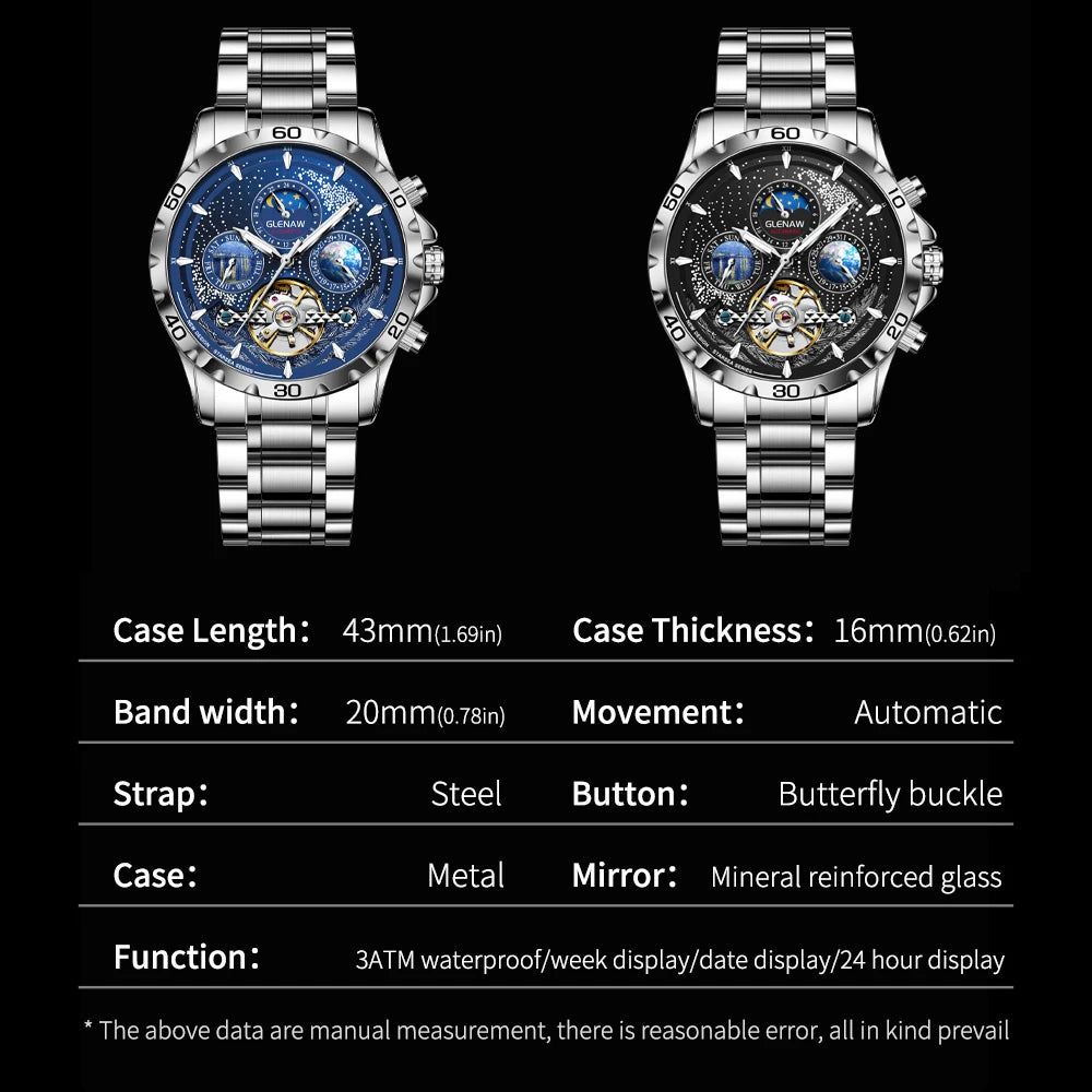 ساعات رجالي بتصميم GLENAW من أفضل العلامات التجارية الفاخرة لأزياء الأعمال ساعة أوتوماتيكية للرجال مقاومة للماء ساعة ميكانيكية Montre Homme