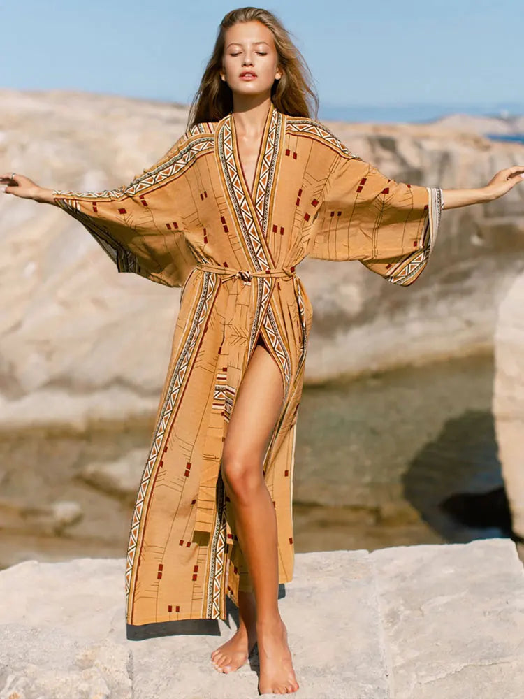البوهيمي مطبوعة بيكيني الاخفاء أنيقة الذاتي مربوط كيمونو فستان تونك المرأة حجم كبير ملابس الشاطئ لباس سباحة التستر Q1228