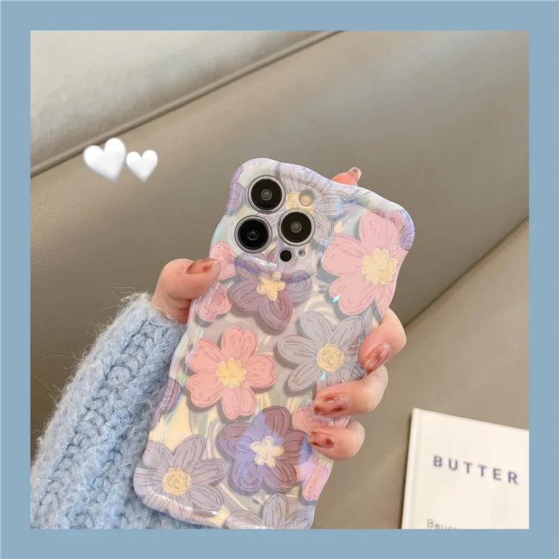 Luxury Flowers Laser Glitter iPhone Case For iPhone 14 Pro Max 13 12 11 14 Plus Fashion Soft Silicone Shockproof Bumper Cover