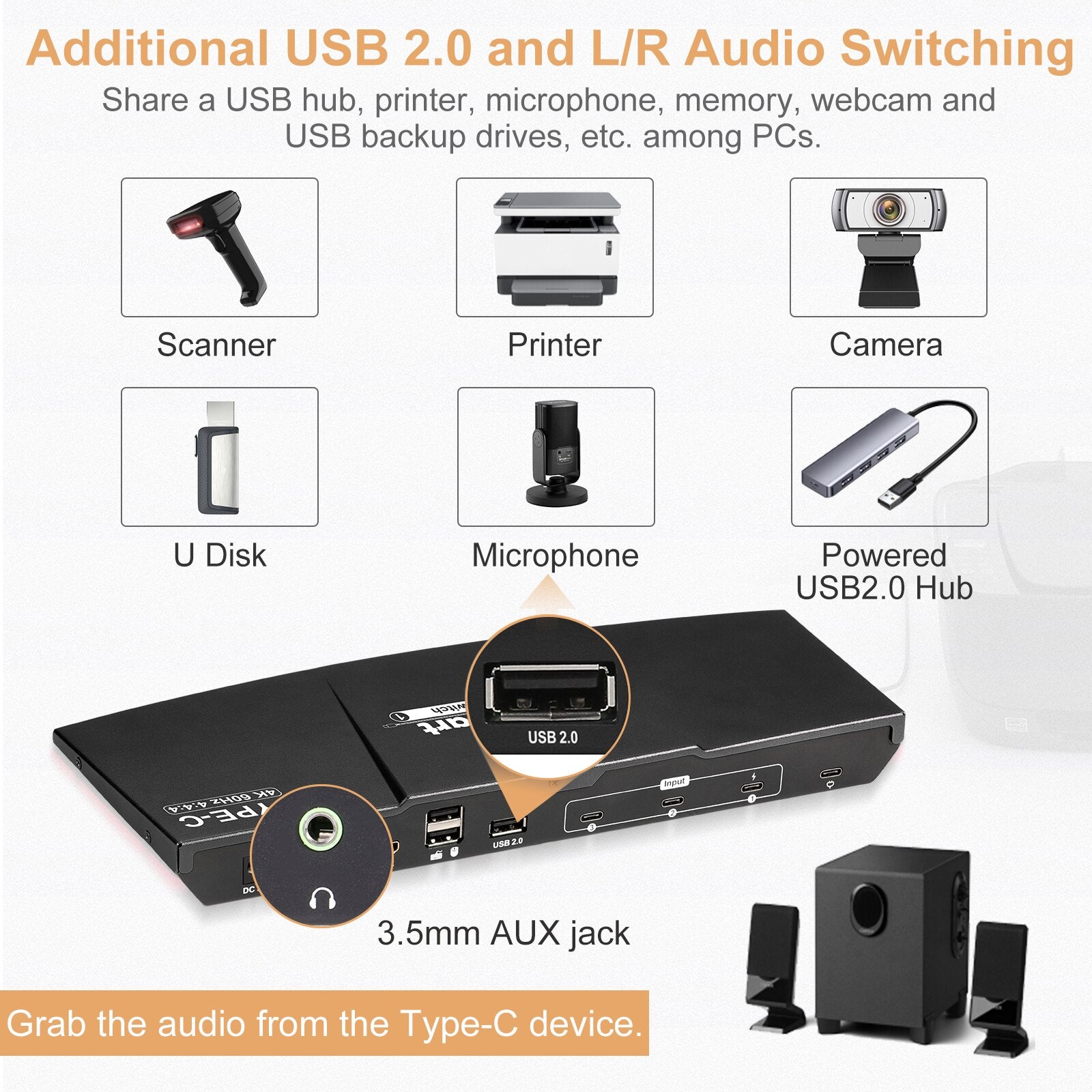 TESmart 3 Computers Commutateurs USBC KVM Video Switcher 3 Ports 3 In 1 Out 3x1 Type-C 4K 60 Hertz HDMI USB KVM Switches