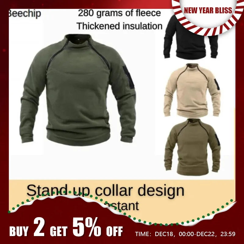 Men's Outdoor Warm And Breathable Tactical With Zipper Design, Standing Neck, Long Sleeves, Thickened Solid Color Sweater